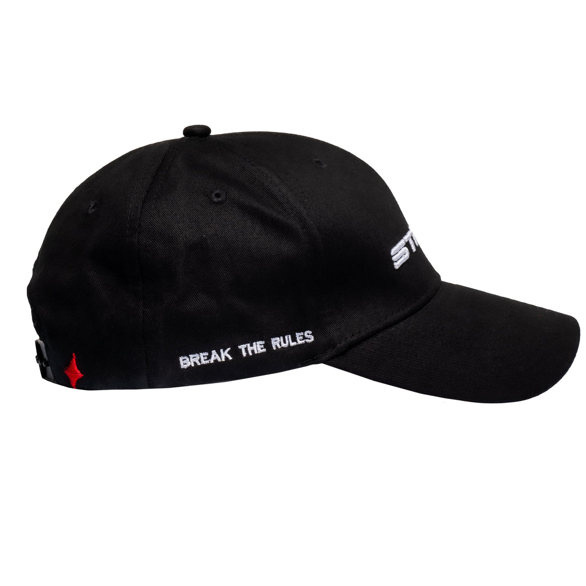 StarVie Urban Cap black, side view with Break the Rules embroidery